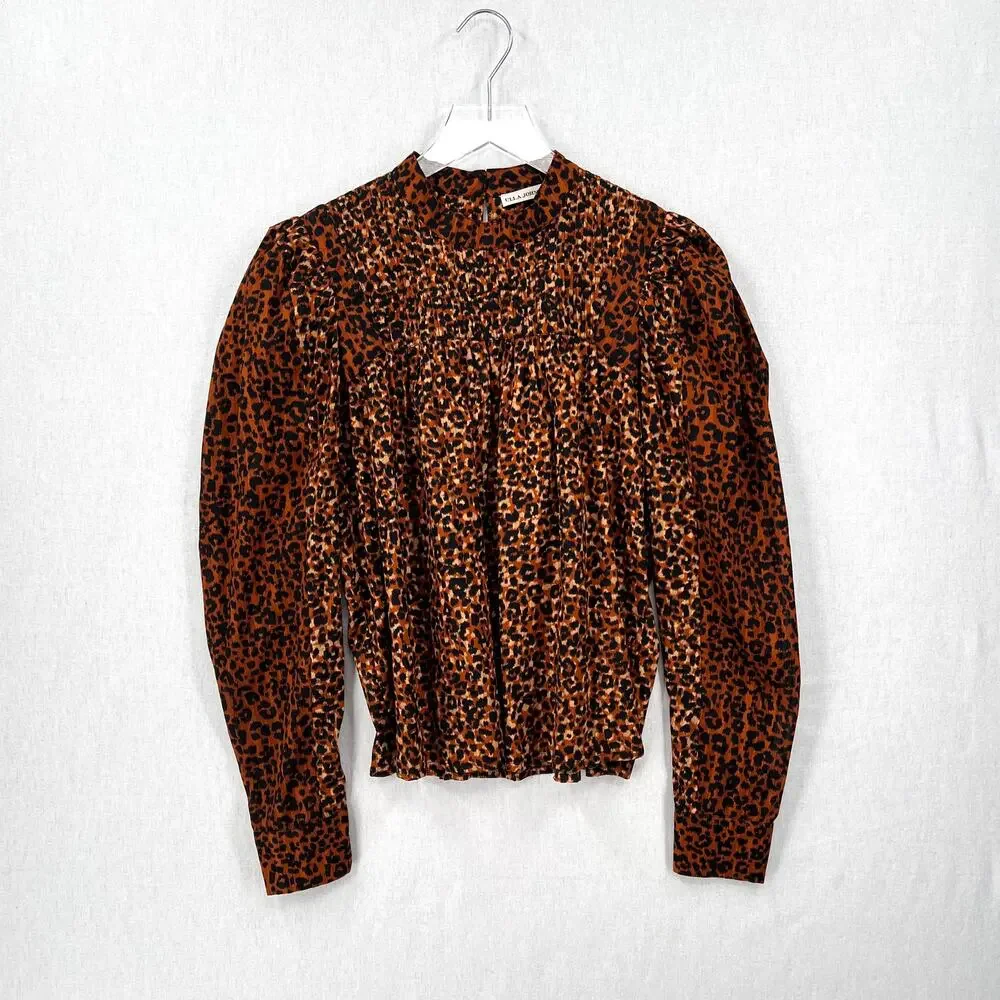 ULLA JOHNSON Vesna Blouse Womens 4 Brown Black Leopard Print Cotton Puff Sleeve